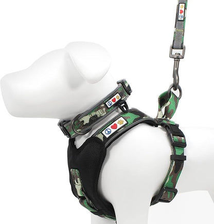 Pawtitas Value Bundle Set | Large Padded Dog Harness + Medium Padded Dog Collar + Large Padded Leash - Green Camo Set
