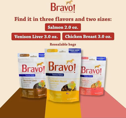 Bravo! Bonus Bites Single Ingredient Freeze Dried Raw Dog Treats, Chicken Breast, 3 Ounce, High Protein, Grain Free, Gluten Free