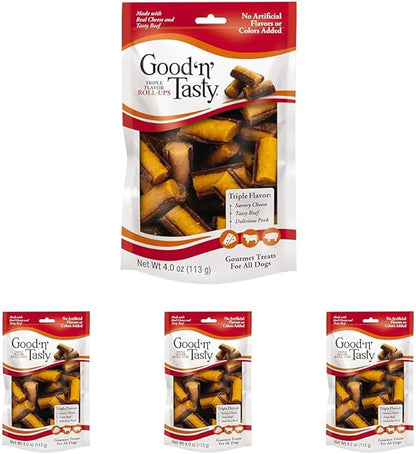 Good'n'Fun Good 'n' Tasty Triple Flavor Roll Ups 4 Oz Cheese,Beef,Pork,(Pack of 4)