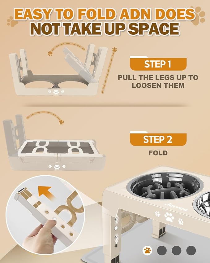 Jovrun Elevated Dog Bowls for Medium Size Dogs with Mat, Non-Slip Dog Feeder with 1*Stainless Steel Dishes & 1*Slow Feeder Bowl, 5 Heights Adjustable Raised Bowls for 3.15″-8.66″-9.84″-11.02″-12.2″