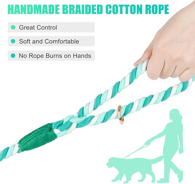 Dog Leash 5 FT Handmade Braided Cotton Rope Leashes for Small Medium and Large Dogs, New Golden Heavy Duty Metal Clasp, Moss Green