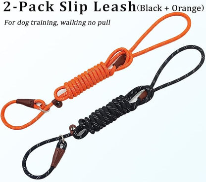 WYUZE 2-Pack 8ft Slip Lead Dog Leash, Reflective No Pull Dog Training Lead, 1/3" Nylon Rope Easy On/Off Slip Control Leash for Small Medium Dogs (Black+Orange)
