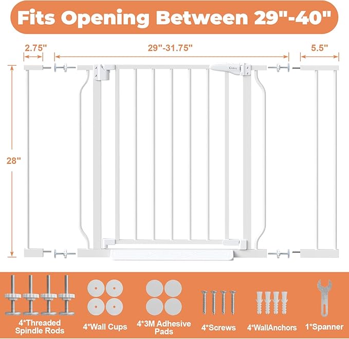 Baby Gate No Drilling, 29"-40" Auto Close Dog Gate Indoor for Doorways & Stairs, Pressure Mounted Adjustable Pet Gate, Easy Walk Through Child Gate for Children & Pets Stroller Friendly, White