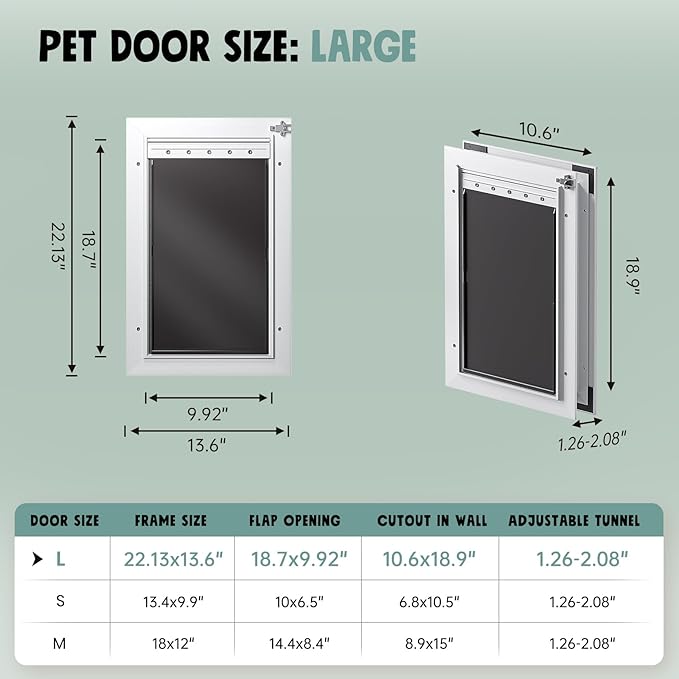 Dog Door for Door All Aluminum 3 Flaps White, Large Dog Doggy Doggie Door, Heavy Duty Pet Door for Dogs, with Insulation Flap and Lockable Closing Panel, Durable Rust Resistant, for Pets Up to 110lbs
