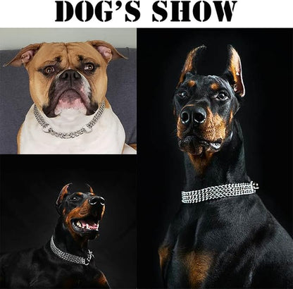 Heavy Duty Dog Choker Chain Collar, Silver Double Row Martingale Chain Dog Collars, Chew Proof Metal Cuban Link Dog Collars Adjustable for Small Medium Large Breed Dogs (2 Row, L)