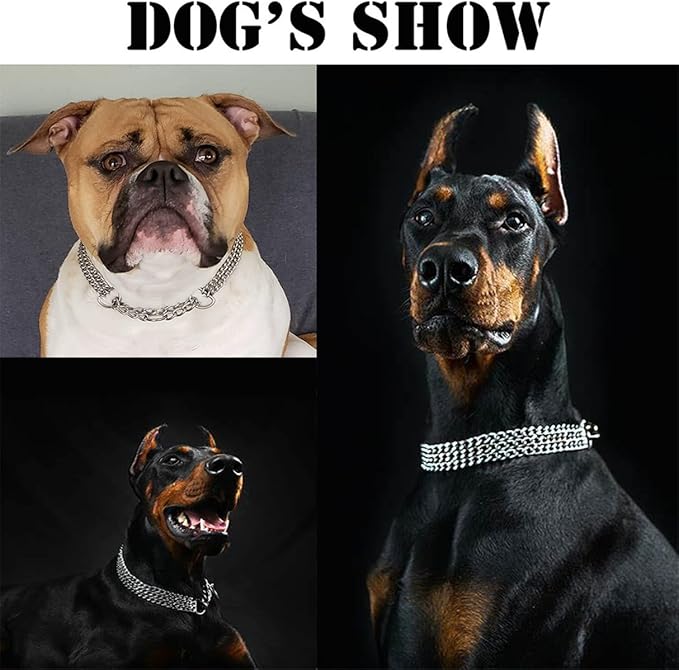 Silver Dog Chain Collar, Double Row Martingale Chain Dog Collars, Chew Proof Metal Cuban Link Dog Collar Adjustable for Small Medium Large Breed Dogs (2 Row, S)