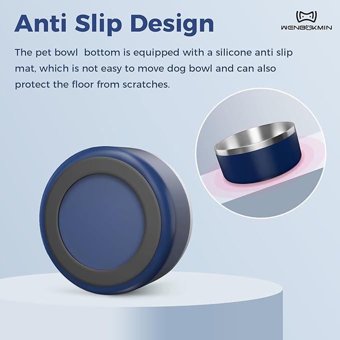 WENBOKMIN Dog Bowl, Stainless Steel Dog Food and Water Bowl with Non Slip Quiet Bottom, Easy to Clean, Dishwasher Safe, 40oz, Blue