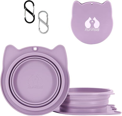 RUNROLE 2-in-1 Collapsible Silicone Dog Travel Bowls, Slot Together and Use Separately, Portable Pet Food Water Bowls, Foldable Cat Feeding Watering Dishes, 20OZ+27OZ(Purple)