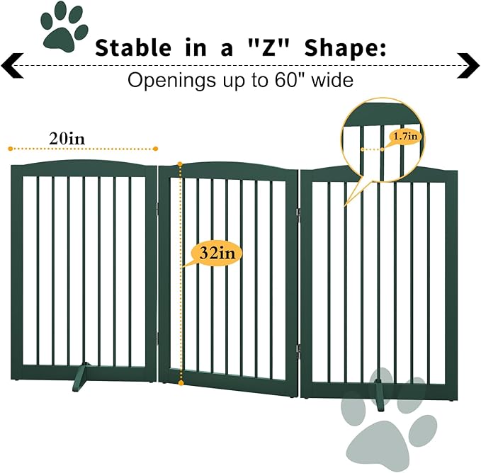 PUPETPO Freestanding Pet Gate for Dogs, Foldable Wooden Dog Gate for House Indoor, Step Over Pet Puppy Safety Fence for Stair, Doorway,Hall, Support Feet Included,3 Panels 32",Green