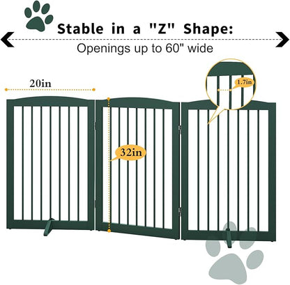 PUPETPO Freestanding Pet Gate for Dogs, Foldable Wooden Dog Gate for House Indoor, Step Over Pet Puppy Safety Fence for Stair, Doorway,Hall, Support Feet Included,3 Panels 32",Green