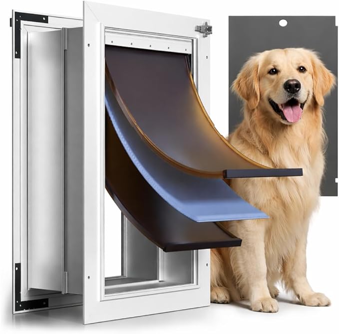 3-Flap Insulated Aluminum Dog Door for Walls, Heavy-Duty Telescoping Pet Door with Dual Security Locks & Magnetic Flaps, Closing Panel, Large, Pets Up to 110 LB