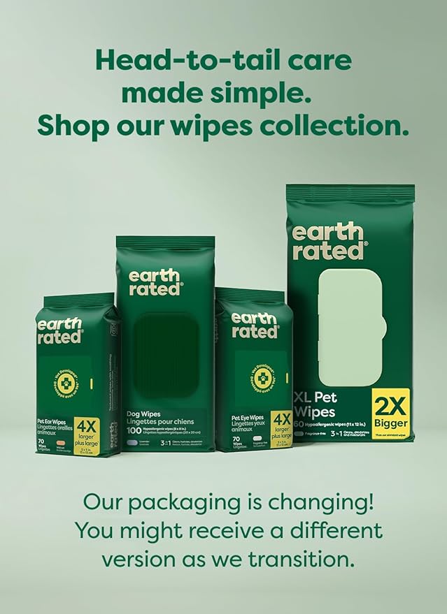 Earth Rated Pet Wipes for Dogs and Cats, Hypoallergenic, 3-in-1 Cleaning, Deodorizing and Hydrating, for Grooming Paws, Body and Butt, Unscented, 100 Count