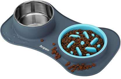 Anipaw Slow Feeder Dog Bowls 3 in 1 Stainless Steel Dog Food and Water Bowls with Non-Spill and Non-Skid Silicone Mat to Slow Down Eating for Large Medium Small Breed Size Dogs and Cats