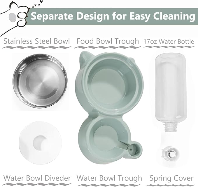 Dog Bowls, Puppy Cat Food and Water Bowl Set with Water Dispenser and Stainless Steel Bowl Detachable Gravity Pet Feeder and Waterer Set for Cats Dogs Puppy Rabbit (Blue)