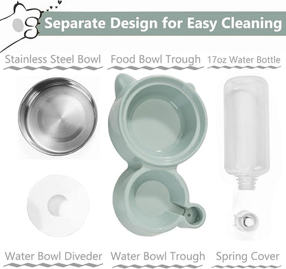 Dog Bowls, Puppy Cat Food and Water Bowl Set with Water Dispenser and Stainless Steel Bowl Detachable Gravity Pet Feeder and Waterer Set for Cats Dogs Puppy Rabbit (Blue)