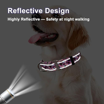 Reflective Martingale Collar for Dogs Nylon Training Collar with No Buckle Cute Floral No Pull Dog Collar for Medium Dogs（Purple Flower，M）
