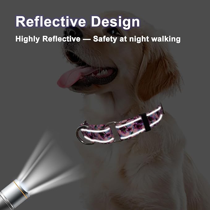 Reflective Martingale Collar for Dogs Nylon Training Collar with No Buckle Cute Floral No Pull Dog Collar for Small Dogs（Purple Flower，S）