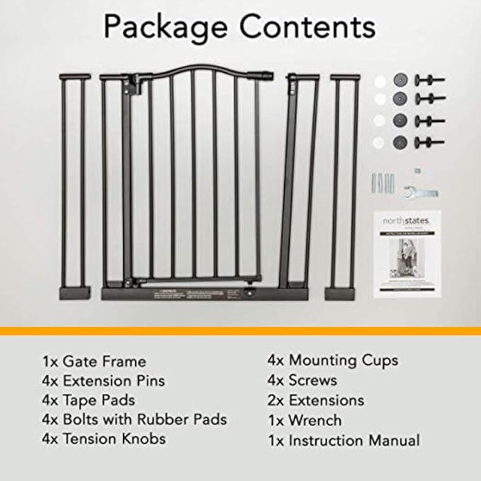 MyPet Windsor Arch Hold-Open & Auto-Close Pressure-Mount Pet Gate: Heavy-Duty Steel Gate 28.5in Tall Comes with Two 5in Extensions from 28in to 38in Wide in Matte Bronze