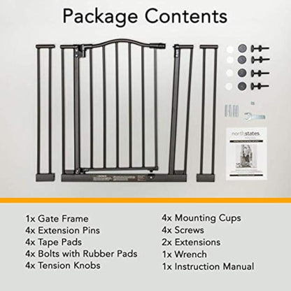 MyPet Windsor Arch Hold-Open & Auto-Close Pressure-Mount Pet Gate: Heavy-Duty Steel Gate 28.5in Tall Comes with Two 5in Extensions from 28in to 38in Wide in Matte Bronze
