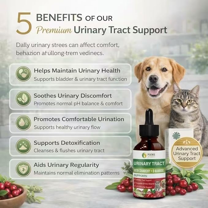 Herbal Urinary Tract Drops for Pets - 60ml Urinary Tract Support with Glucosamine & Natural Herbs, UTI Relief & Bladder Health Supplement for Dogs & Cats, Easy-to-Use Liquid Drops (2Oz)