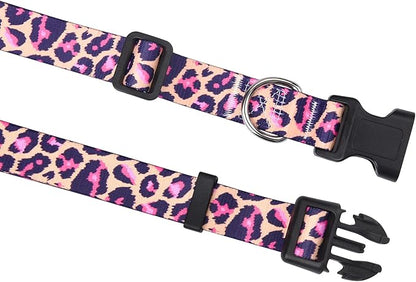Mihqy Dog Collar and Leash Set with Bohemia Floral Tribal Geometric Patterns - Soft Ethnic Style Collar Adjustable for Small Medium Large Dogs(Pink Leopard Set,L)