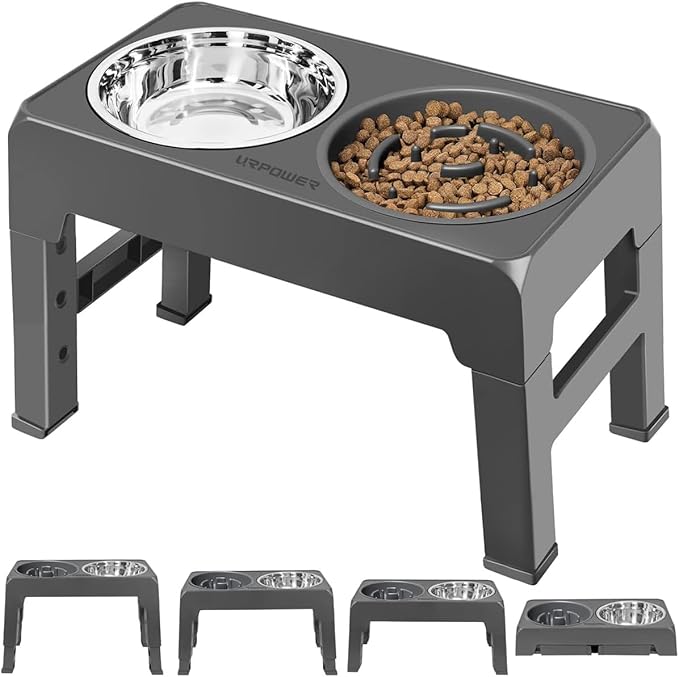 URPOWER Raised Dog Bowls 4 Height Adjustable Elevated Bowl Stand with Stainless Steel Water Bowl Non-Slip Dog Food Bowls Stand for Small Medium Large Dogs and Pets