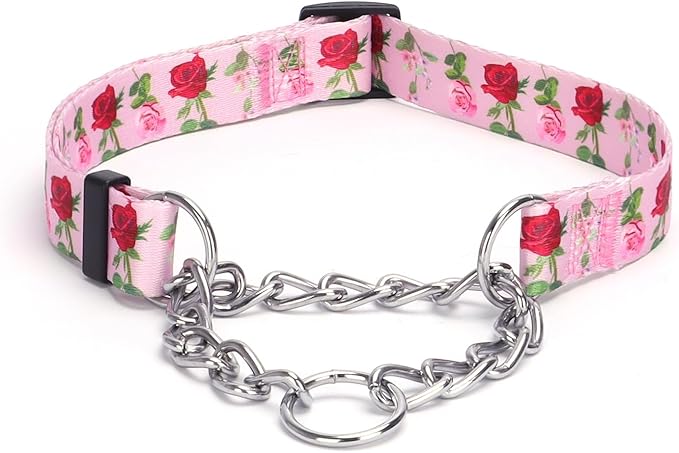 Martingale Dog Collar with Stainless Steel Chain - Limited Chain Cinch Training Collar for No Pull Training Dog - Flower Multicolor Cute Patterns - Premium No Slip Collar (L, Roses)