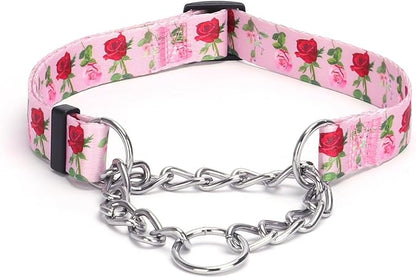 Martingale Dog Collar with Stainless Steel Chain - Limited Chain Cinch Training Collar for No Pull Training Dog - Flower Multicolor Cute Patterns - Premium No Slip Collar (L, Roses)