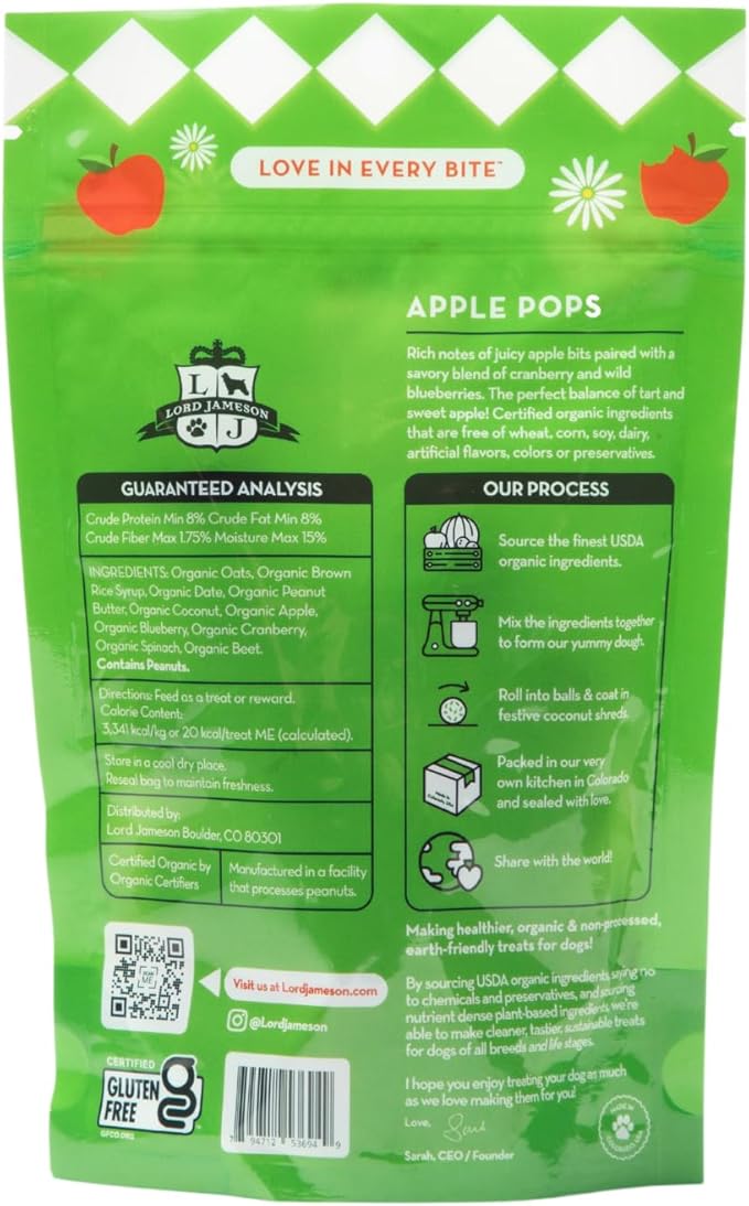 Lord Jameson: Apple Pops 6 oz - Dog Patisserie Treats, Organic, Soft & Chewy No-Bake Bites, Fiber & Antioxidants, Gluten & Preservative Free