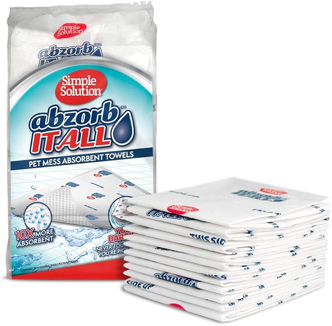 Simple Solution Abzorbitall Pet Mess Absorbent Towels, Pet Accident Cleaner for Dog Urine and Waste, Multi-Surface Cleaning Sheets, Puppy Supplies, Absorbent Towels, 12 x 17 Inches, 30 Count