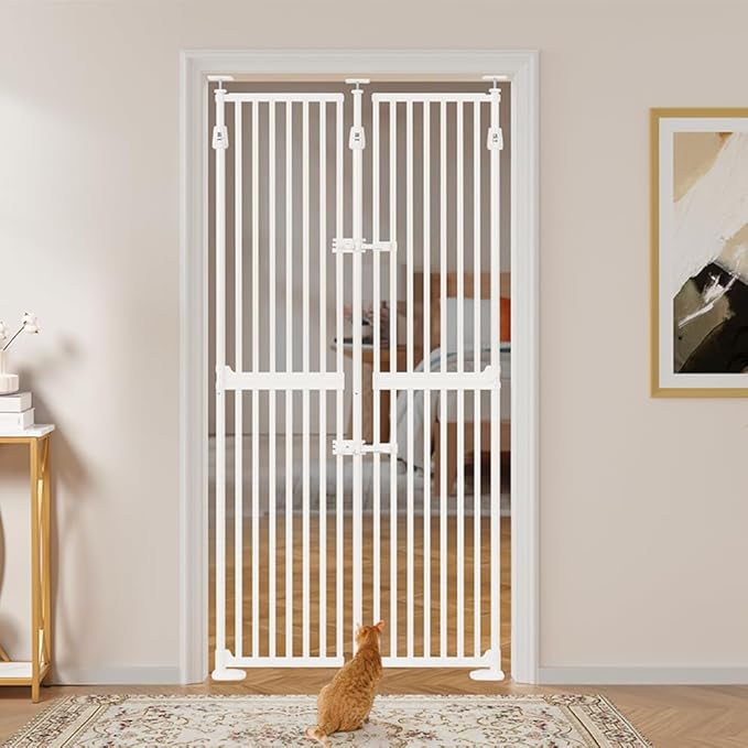unipaws 75" High Extra Tall Cat Gate, Auto Closing and No Drilling Safety Gate for Doorway Hallway Stairs, Cat Dog Proof, Fit for 35"-38" Wide Opening, Indoor Use, White