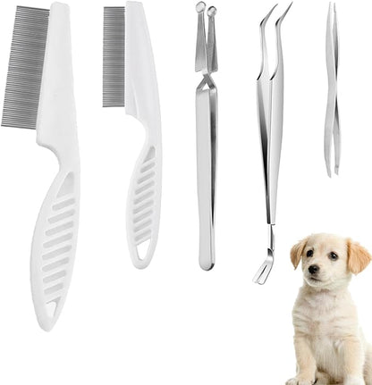 6 pcs Tick Removal Tool kit for Pets, 3 Stainless Steel Tick Tweezers with Storage Pouch and 2 Tick Comb Grooming Tools for Cats & Dogs Safe Tick Control Puller for Removal of Ticks Fleas