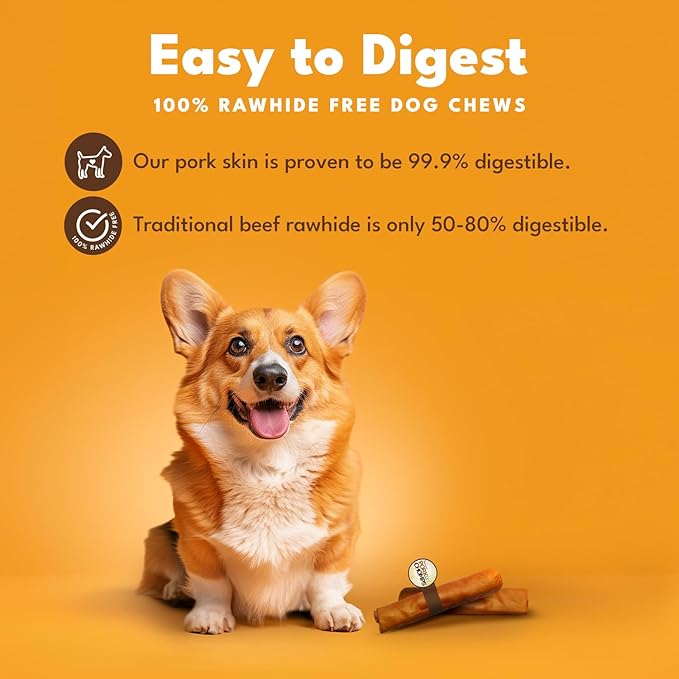 Pork Chomps Roasted Pork Skin Dog Chew, 8 Inch Roll, 1 Count - Long-Lasting Treats for Dogs - High Protein, Rawhide-Free, Low Fat, Healthy & Delicious Chews