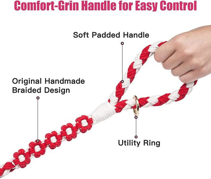 Handmade 5ft Braided Cotton Dog Leash with Unique Floral Handle, Durable and Stylish, Ideal for Small to Large Dogs, Red & White Twist