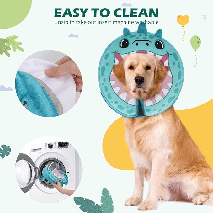 IEUUMLER Inflatable Recovery Dog Collar, Protective Donut Cone, Adjustable Soft Collar for Dog and Cat After Surgery Prevent from Biting & Scratching EU002 - Teal Dinosaur M