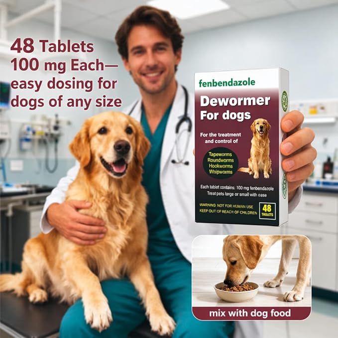 Dewormer for Dogs, Fenbendazole for All Wormers, Roundworms, Tapeworms, Whipworms and Hookworms, 48 Count