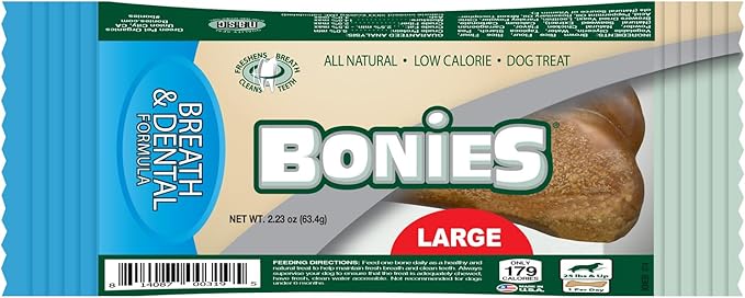 Bonies Natural Breath and Dental Formula Large-Sized Single Bone - All-Natural Ingredients, Fresh Breath, Cleans Teeth, Low Calories, Chicken Flavor, [Large Dog], 1 Bone