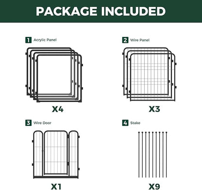 FXW AuraSpace Pro Acrylic & Wire Mesh Indoor Dog Playpen, 24" Height 8 Panels Metal Dog Pen for Puppies & Small Dogs, Black│Patented