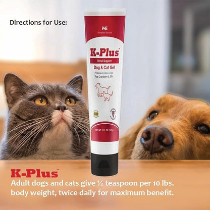 K-Plus Gel for Dogs & Cats – Potassium Citrate & Cranberry Supplement for Kidney, Urinary Tract Health, UTI Relief, Stone Prevention, Electrolyte Balance, Muscle & Heart Function - Made in USA - 5 oz
