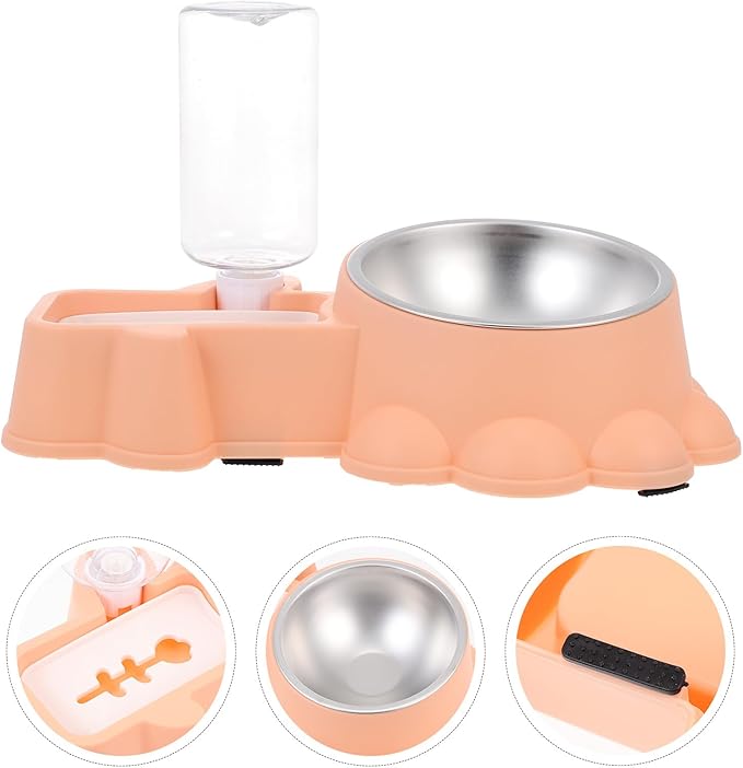 Hemobllo Automatic Stainless Steel Dog Feeding Bowl 2-in-1 Pet Food Dispenser and Water Container Orange Pink for Home Use