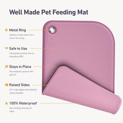 Silicone Pet Feeding Mat with Metal Ring, Waterproof, 23x15 in, Pet Feeding Mats, Raised Edges to Prevent Spills, Dogs and Cats Placement Tray to Stop Food and Water Bowl Messes (Pink, 23x15 in)