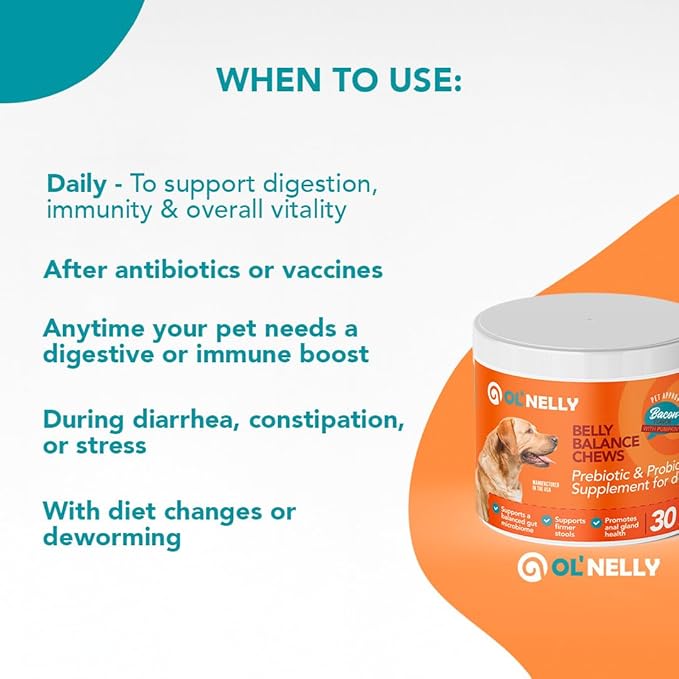 Dog Probiotic Chews – Pre & Probiotics for Dogs with Pumpkin-Digestive & Gut Health Support, Helps with Diarrhea, Gas & Constipation, Bacon Flavor, 30 Soft Chews – Ol'Nelly