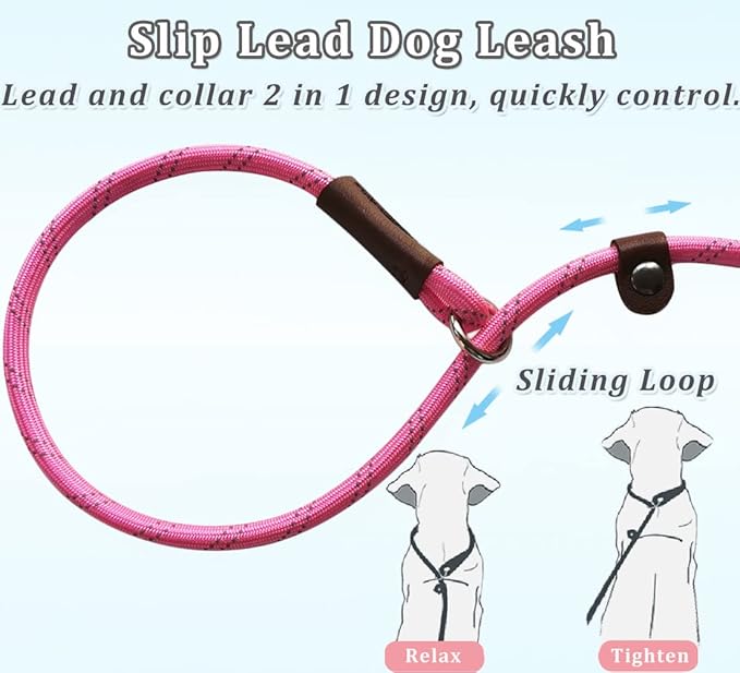 WYUZE 2-Pack 8ft Slip Leads for Dogs No Pull, Reflective Pet Behavior Training Lead, 1/3" Nylon Rope Slip Control Leash for Small Medium Dogs, Black+Pink