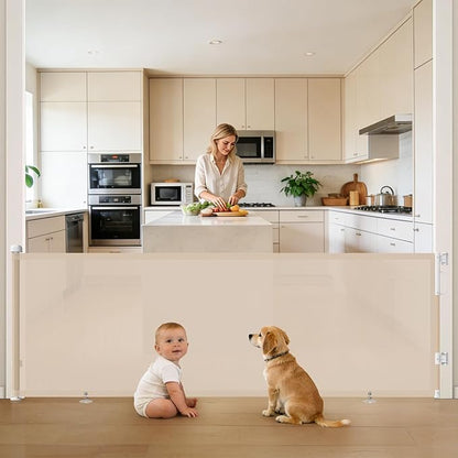 96" Retractable Baby Gates Large Openings, Extra Wide Mesh Dog Gate for Garage Deck Porch, Strong Suction Disc Prevent Crawling Under, 34" Tall Long Safety Gate for Child Indoor Outdoor, Beige