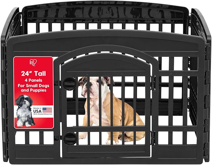IRIS USA Dog Playpen with Door, 24” 4 Panel Pet Exercise Pen – Indoor Outdoor Puppy Play Pen, Portable Plastic Pet Fence for Small Medium Dogs, Foldable 35” x 35” x 24”, Black