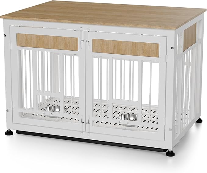 Heavy Duty Dog Crate Furniture for Large Dogs, Decorative Pet House End Table with 2 Feeder Bowls, 42.9 Inch Large Wooden Cage Kennel Furniture Indoor for Medium Dog with Bottom Tray