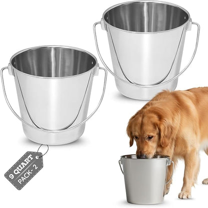 9 quart Heavy Duty Stainless Steel Round Bucket with Handle 2Pcs | 2.25gal Sturdy Food & Water Bowl for XL Dog Goat Sheep Horse & Livestock | Fits kennel Crate Farm | Hanging Utility Pail