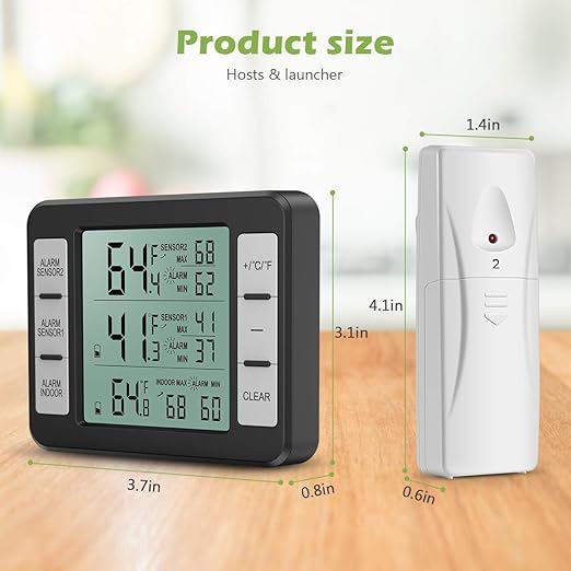 KeeKit Refrigerator Thermometer, Indoor Outdoor Thermometer with 2 Sensors, Wireless Digital Freezer Thermometer with Audible Alarm Temperature Gauge, Min/Max Record for Home, Kitchen