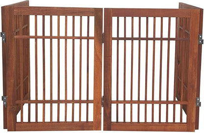 Urnporium Freestanding Wooden Dog Gate Foldable Indoor Pet Gate No Drill Expandable Barrier for Doorways Stairs Hallways Portable Wood Fence for Small Dogs & Puppies (Brown Pet Gate, 4 Panel 24" Tall)