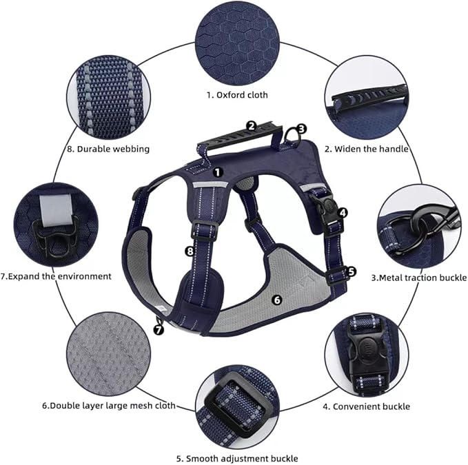 Dog Harness No Pull Adjustable Reflective,for Medium and Large Small Dog with Leash 59.06in (Dark Blue, M)